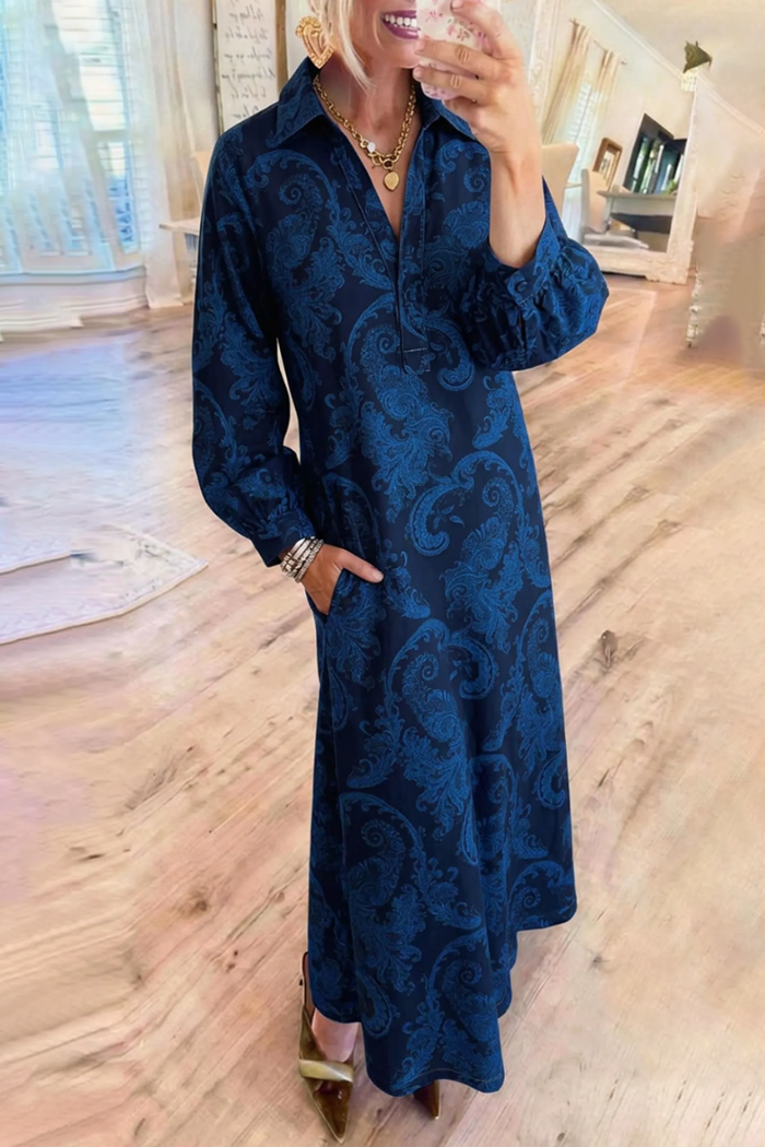 Navy Paisley Collared Pocket Maxi Dress