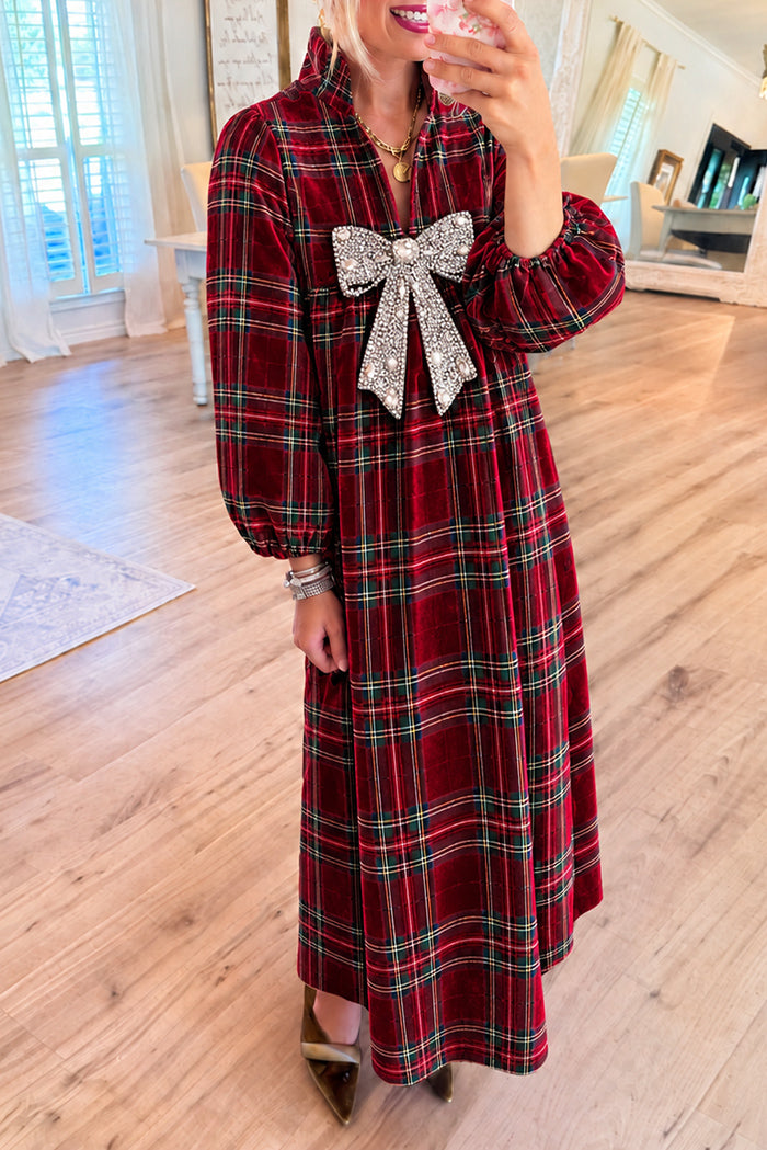 Rhinestone Bow Red Tartan Maxi Dress