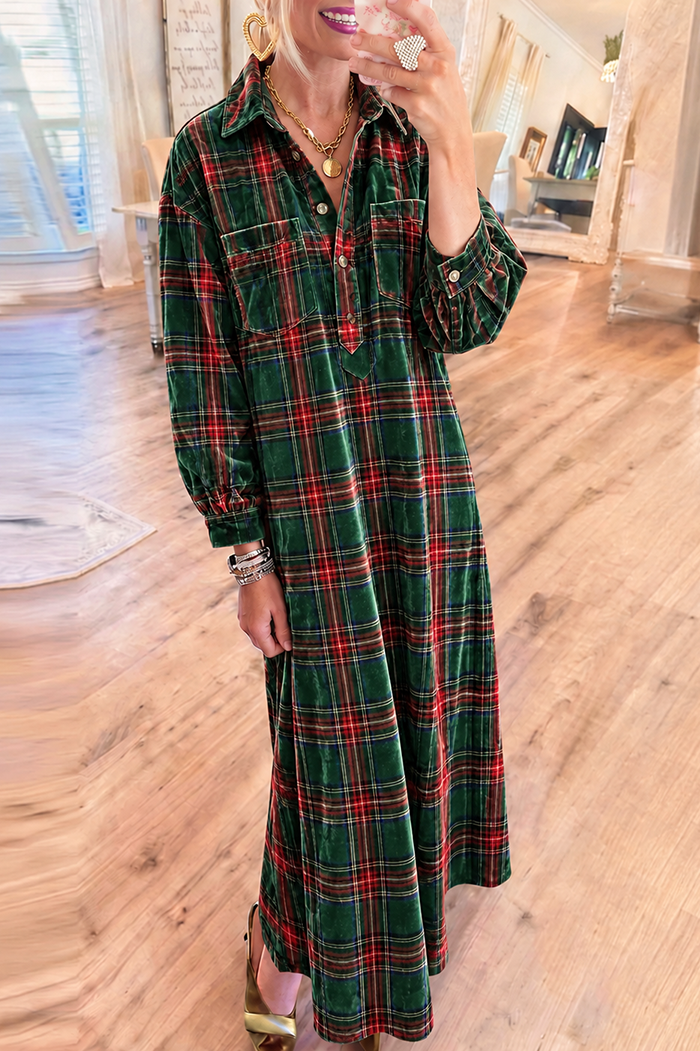 Christmas Plaid Pocket Velvet Maxi Dress