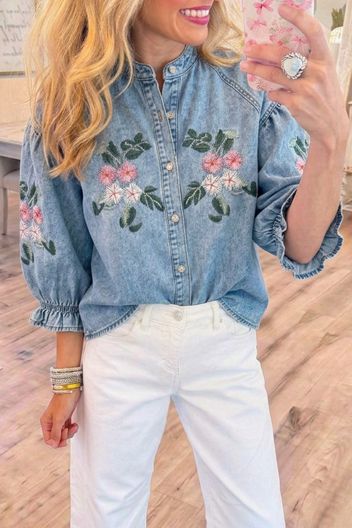 Denim 3/4 Ruffle Cuff Puff Sleeve Pastel Floral Embroidered Top