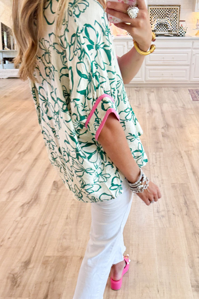 Floral Contrast Collar Dolman Sleeve Top