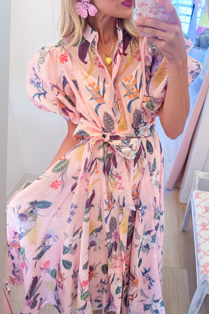 Pink Botanical Short Puff Sleeve Midi Shirtdress