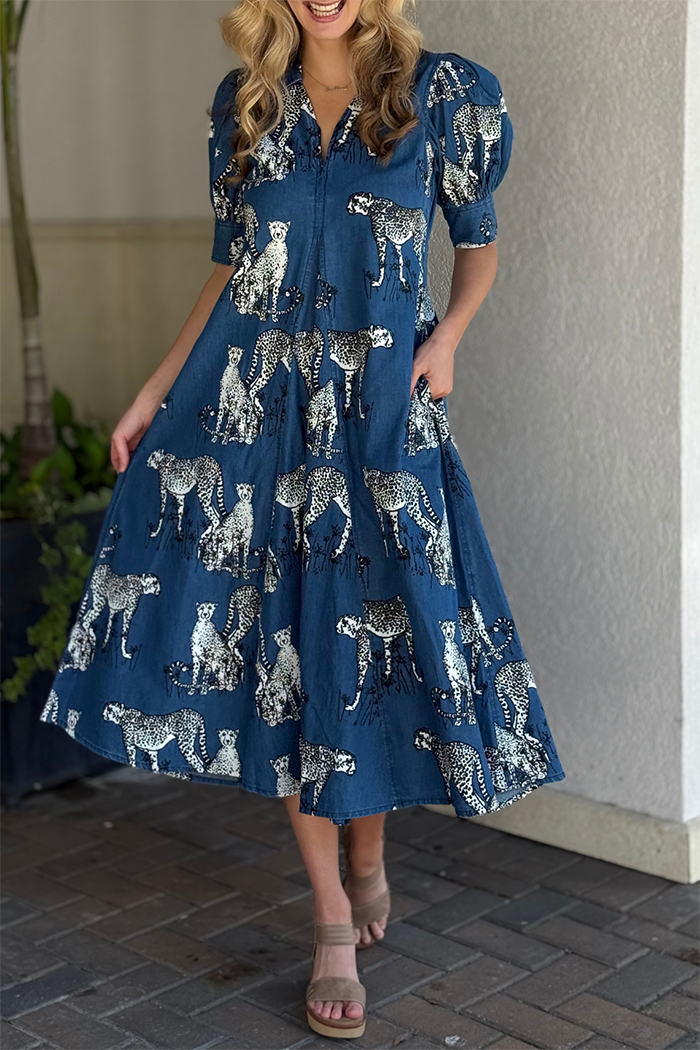 Navy Cheetah Pocket Puff Sleeves Dress