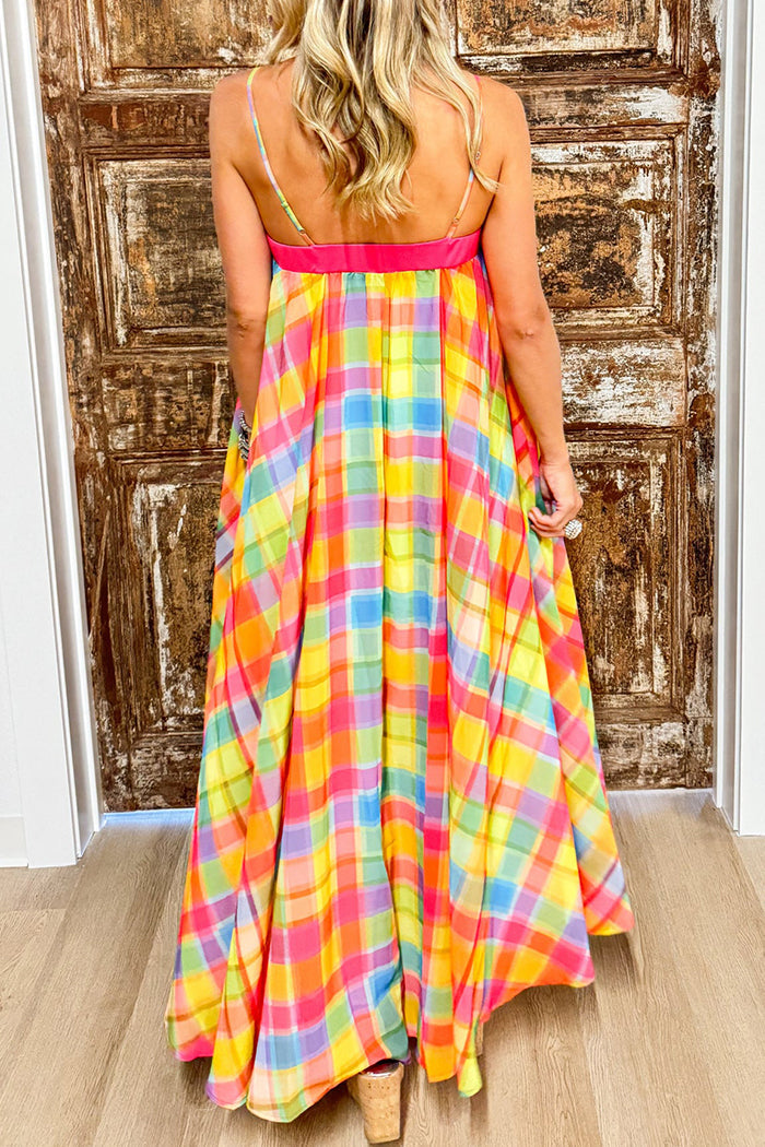 Rainbow Plaid Adjustable Strap Maxi Dress