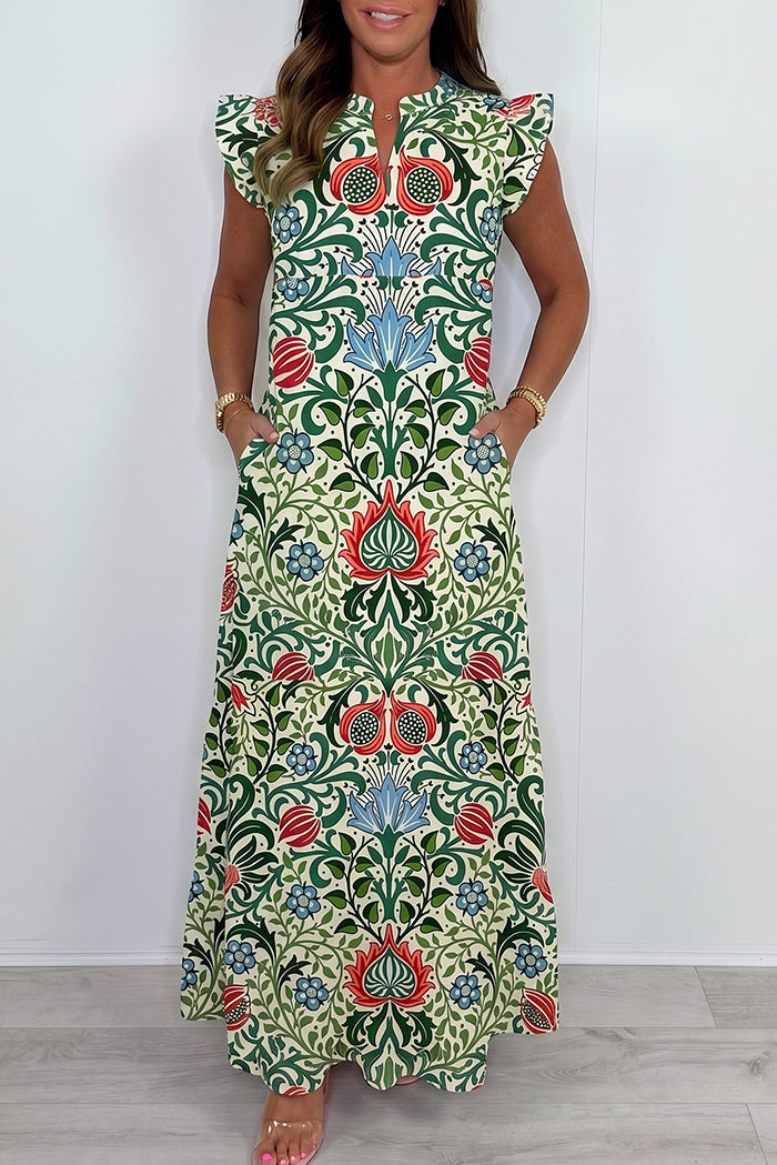 Green Floral Tiered Pocket Maxi Dress
