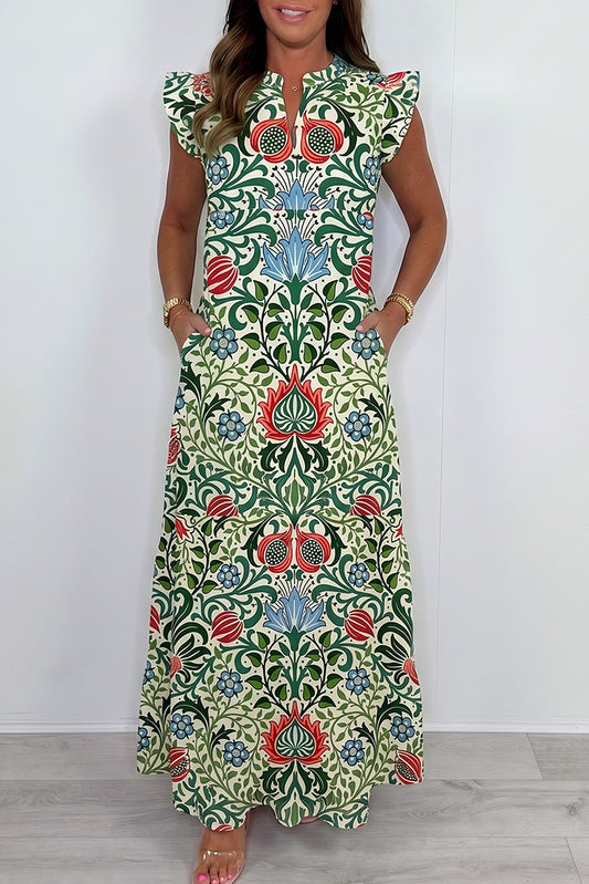 Green Floral Tiered Pocket Maxi Dress