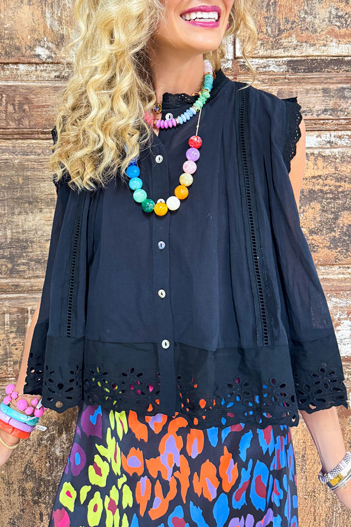 Black Eyelet Button Up Top