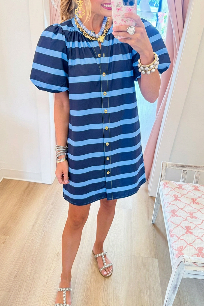 Casual Stripe Puff Sleeve Mini Dress