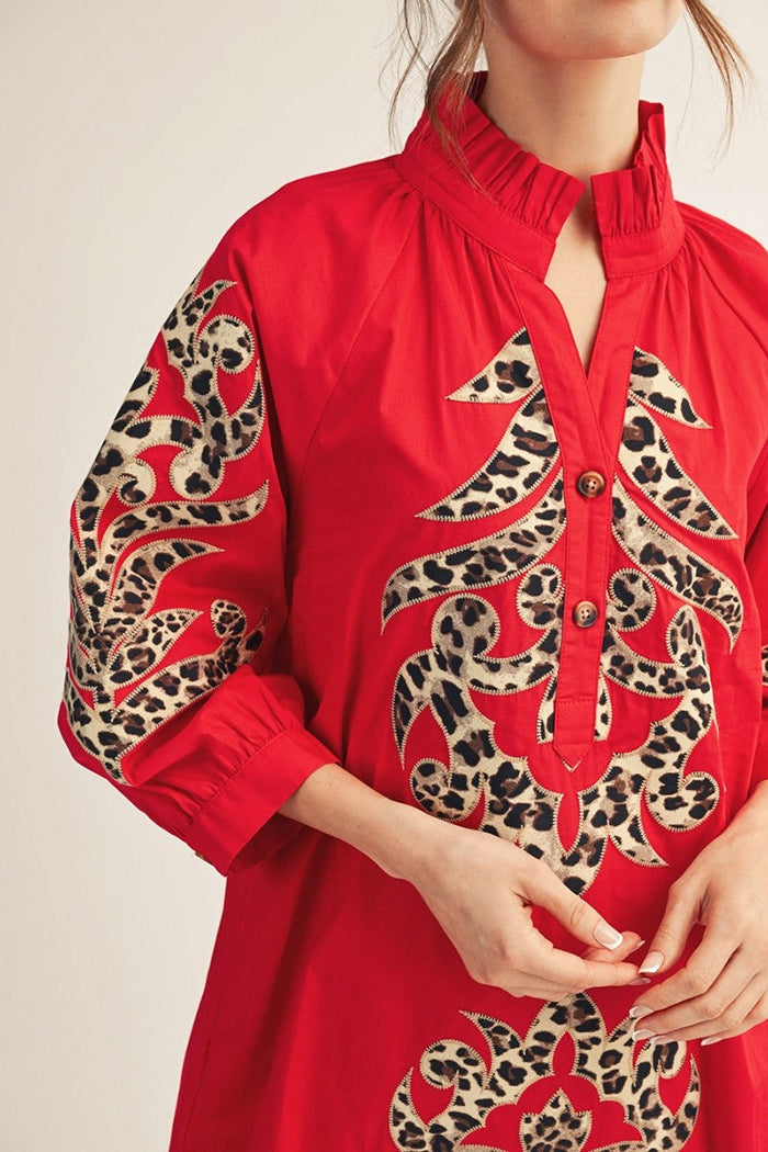 Ruffled Neck Leopard Applique Dress
