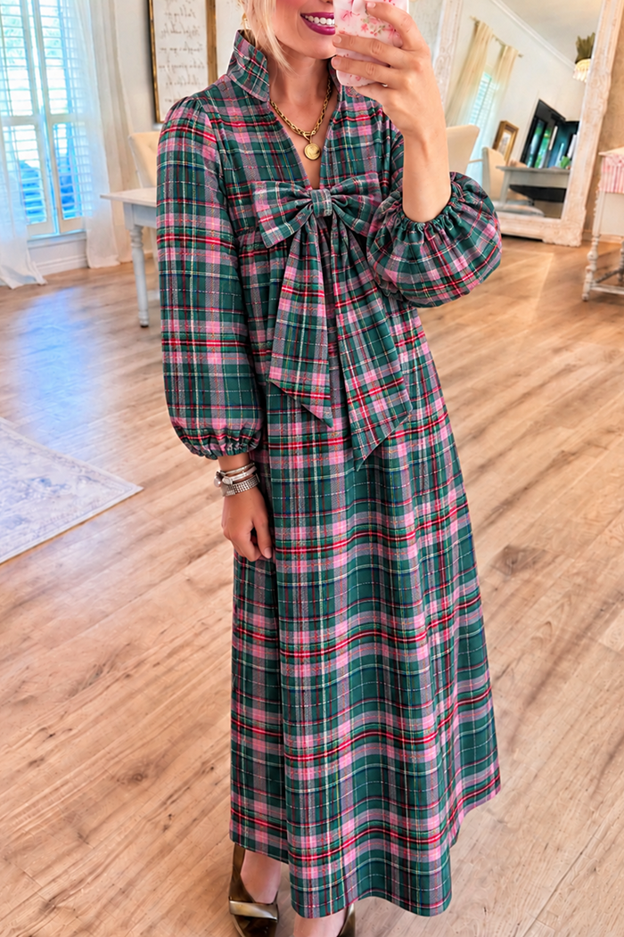 Green and Pink Plaid Bow Pocket Maxi Dress