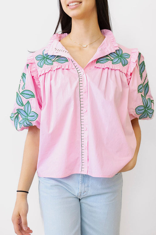 Ruffle Collar Puff Sleeve Button Top