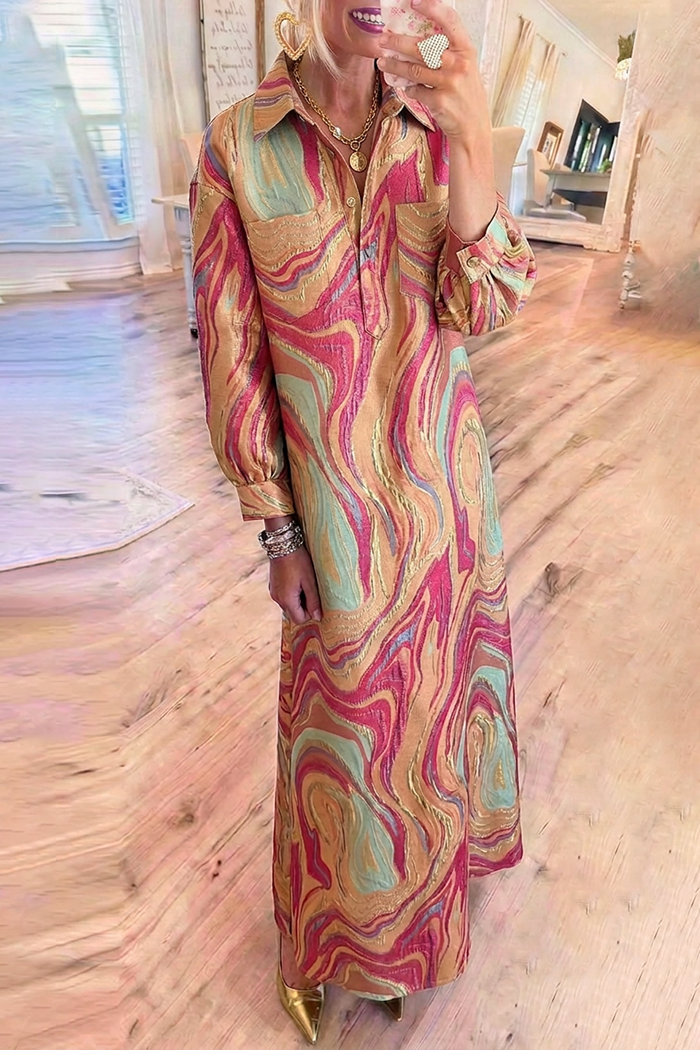 Multi Swirl Print Collared Pockets Long Sleeve Maxi Shirt Dress