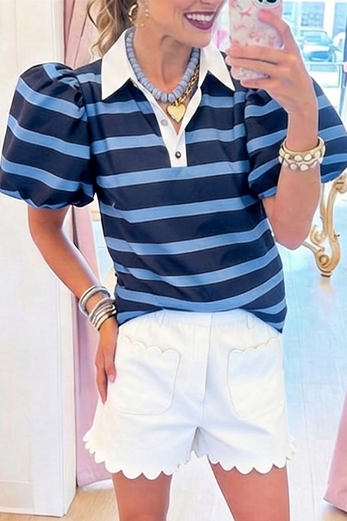 Casual Puff Sleeve Stripe Top