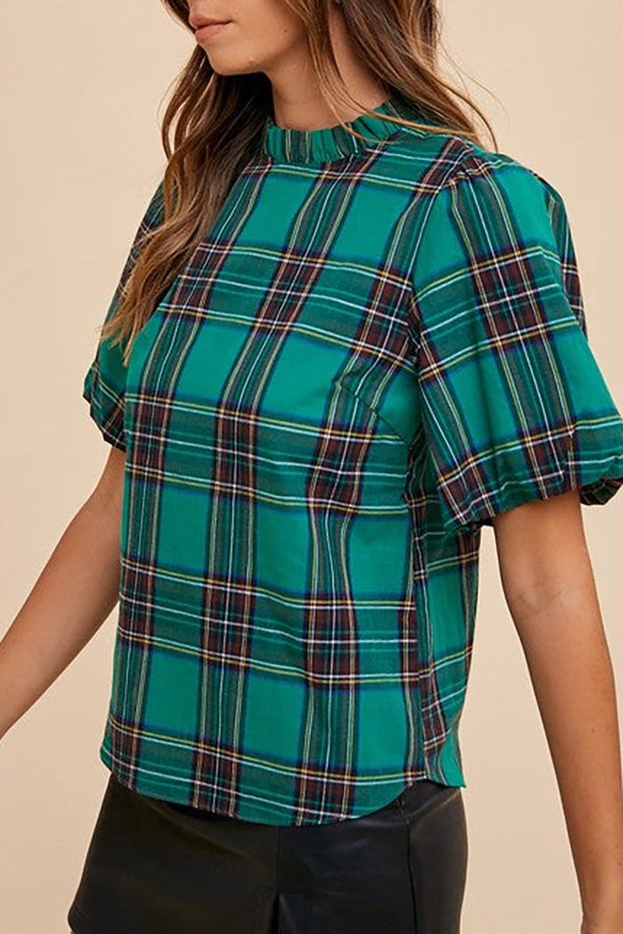 Plaid Ruffle Mock Neck Bubble Sleeve Top