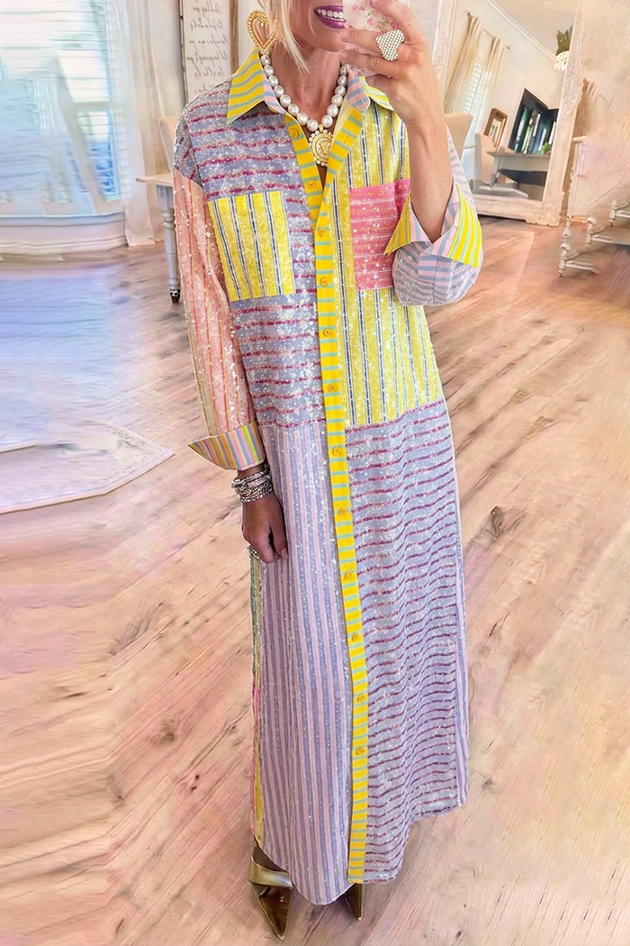 Multicolor Striped Color Block Collared Pockets Maxi Shirt Dress