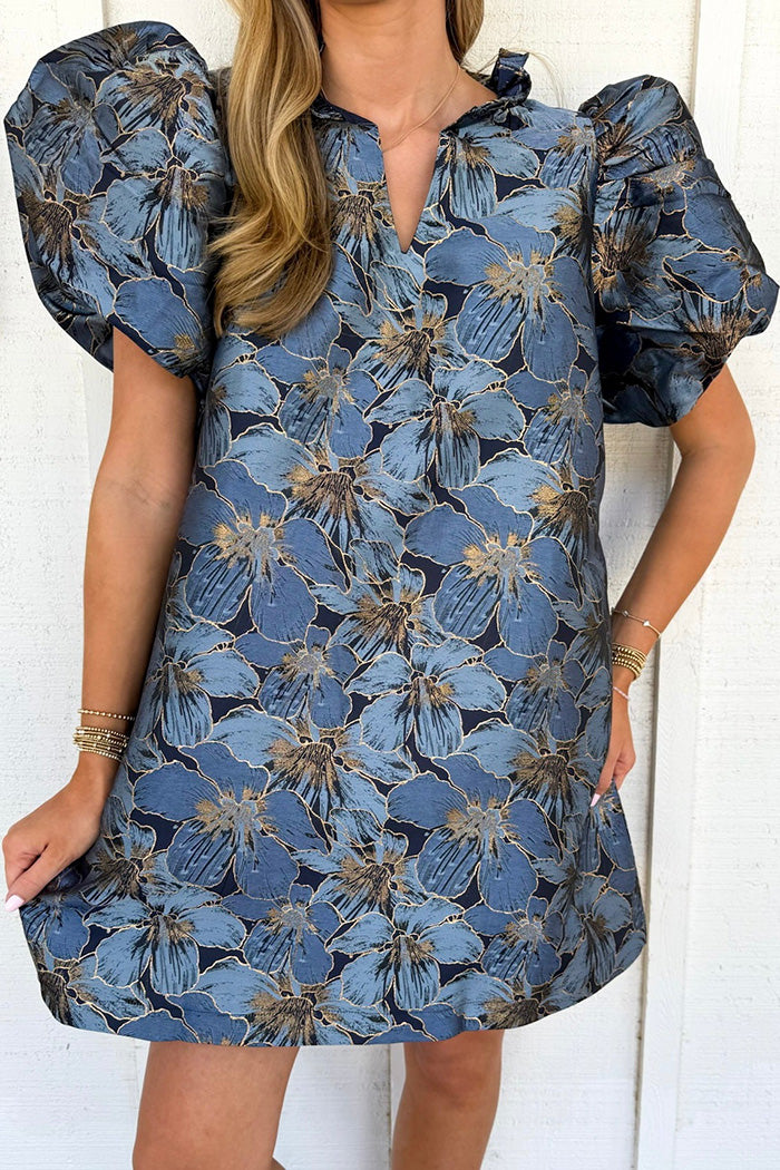 Ruffled Neck Puff Sleeve Pocket Jacquard Dress