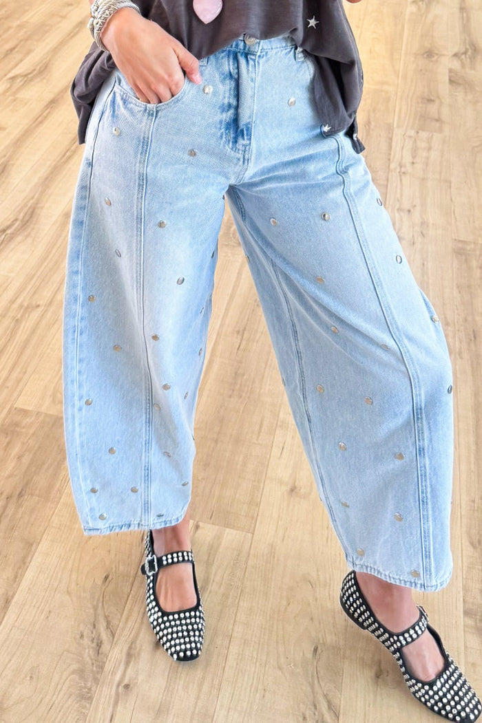 Barrel Leg Studded Denim Jeans