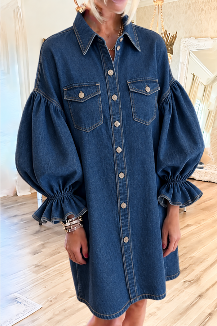 Puff Sleeve Ruffle Cuff Denim Pockets Shirt Dress