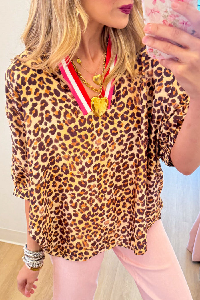 Leopard Contrast Dolman Sleeve Top