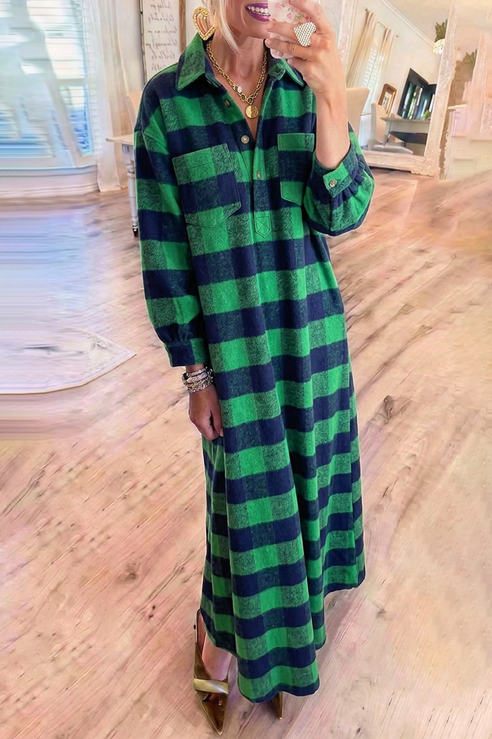 Green Navy Buffalo Plaid Long Sleeve Pocket Maxi Dress