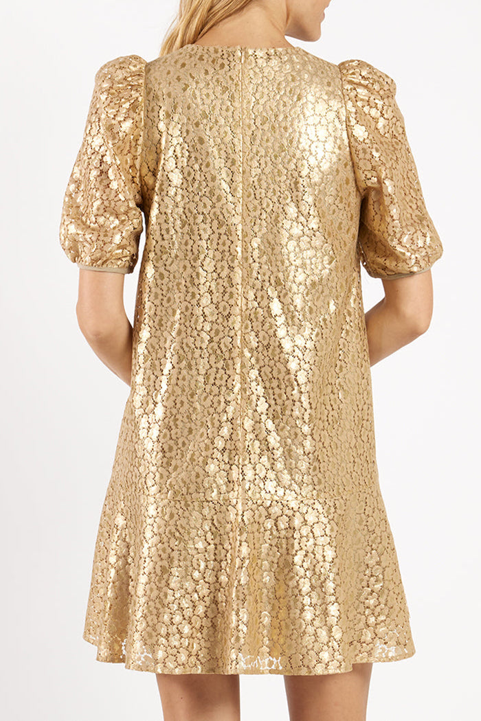 Metallic Floral Lace Puff-Sleeve Mini Dress