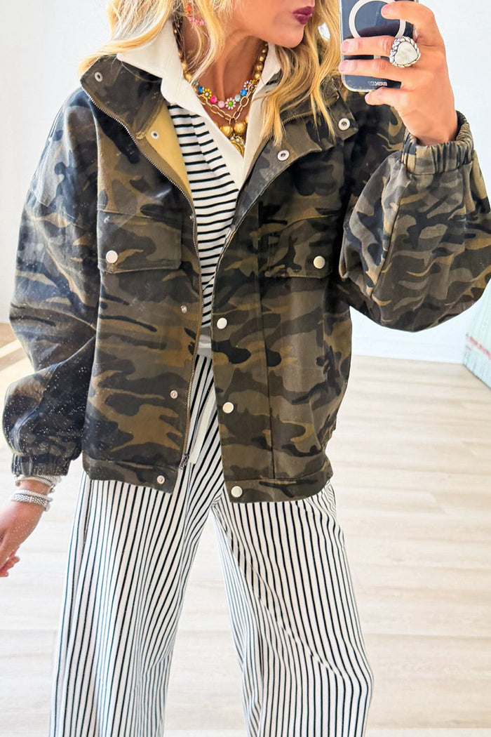 Camo Stand Collar Zip Pocket Jacket