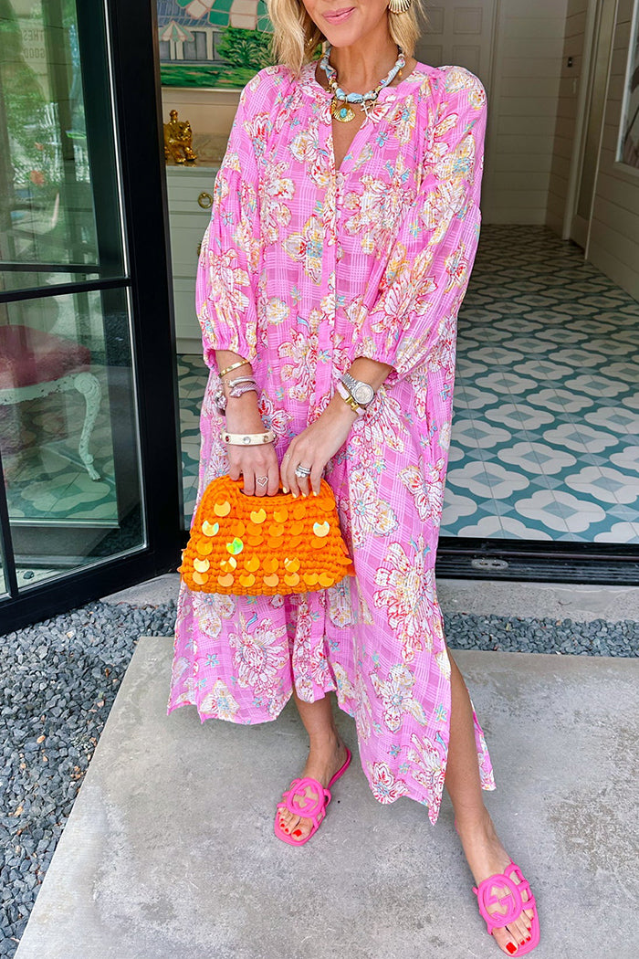Floral Button Up Side Slit Maxi Dress