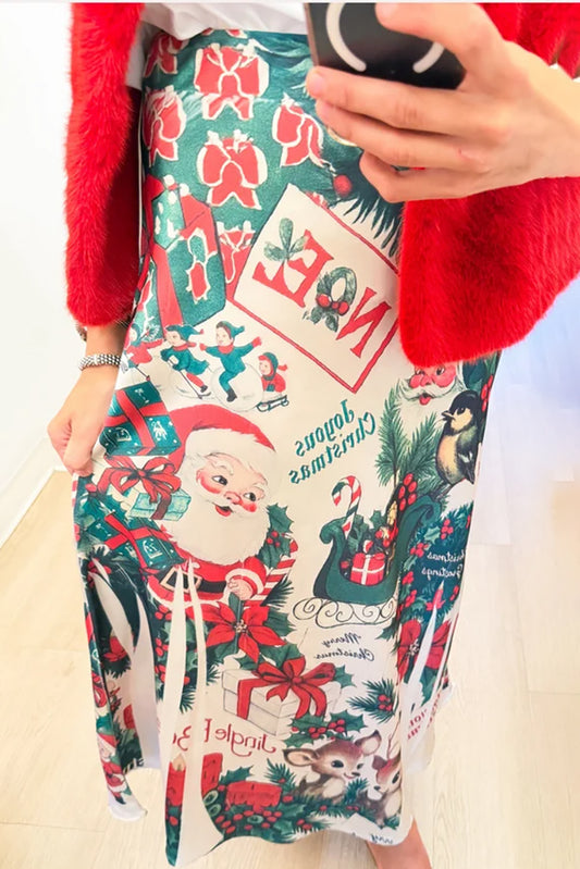 Christmas Print Satin Midi Skirt