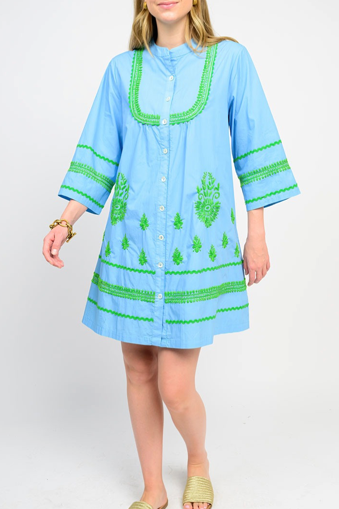 Blue Contrast Embroidery Dress