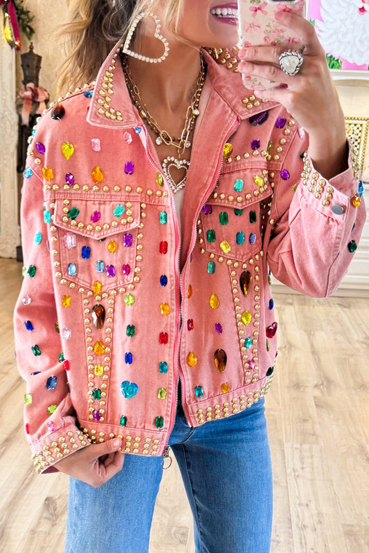 Pink Jeweled Mineral Washed Denim Jacket