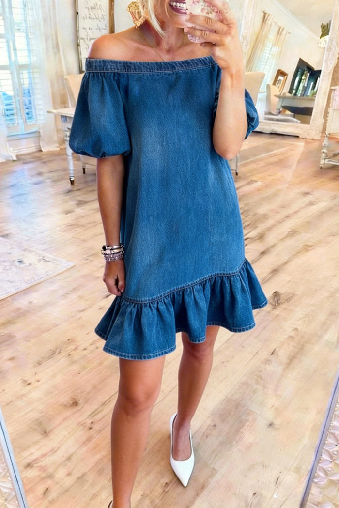 Puff Sleeve Ruffle Denim Dress
