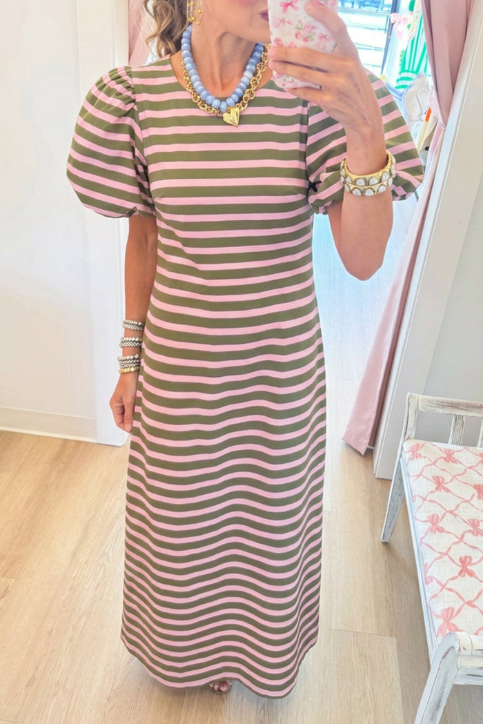Olive Pink Stripe Puff Sleeve Shift Dress