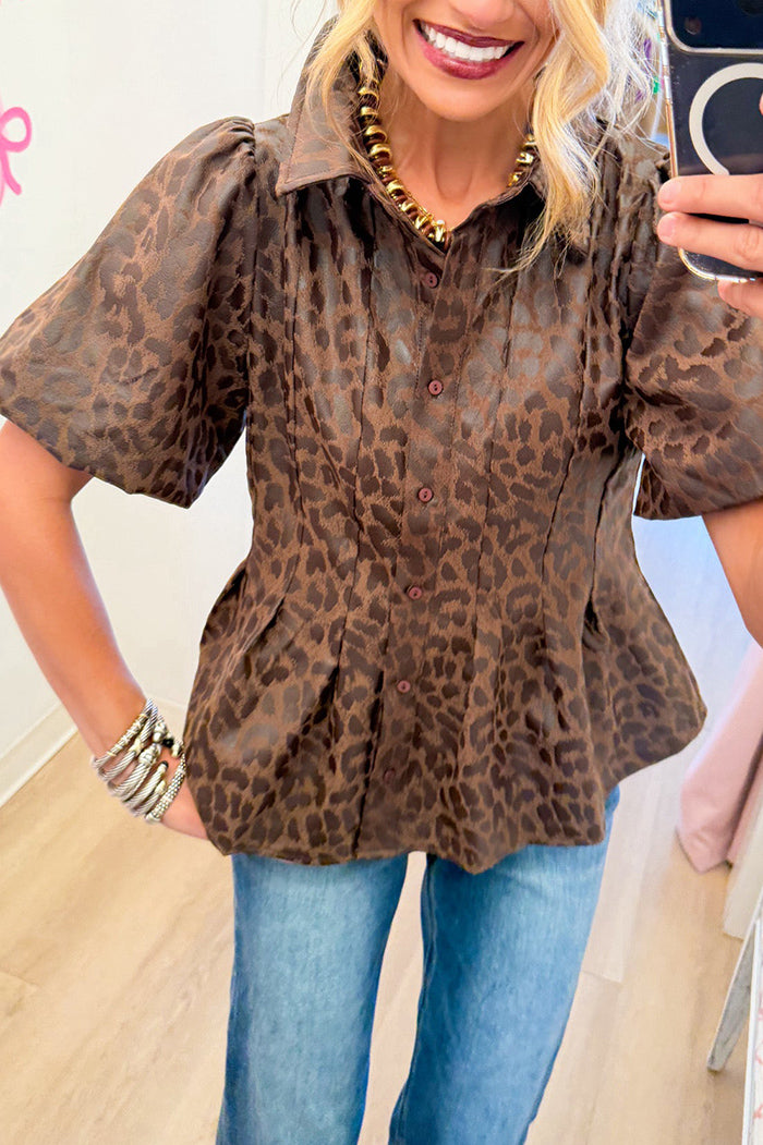 Brown Leopard Faux Leather Pockets Top