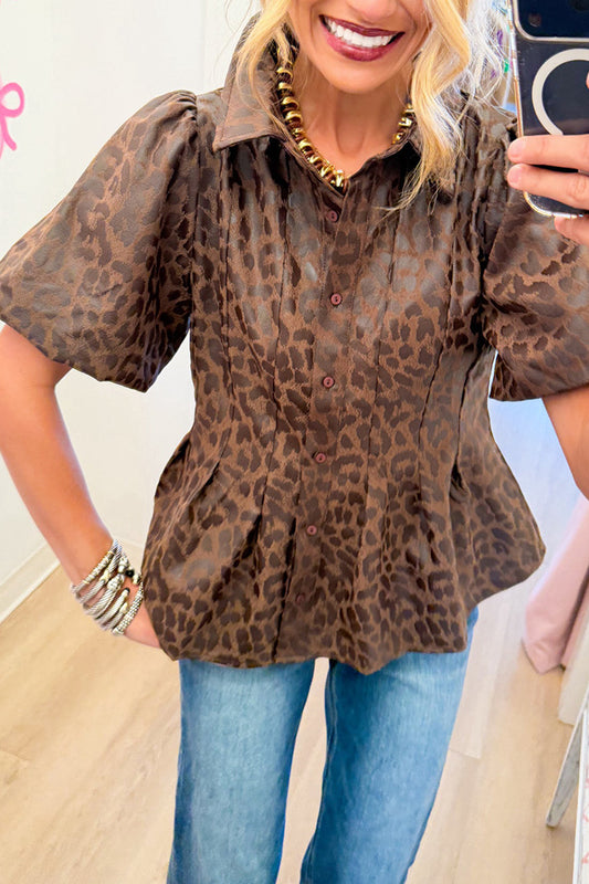 Brown Leopard Faux Leather Pockets Top