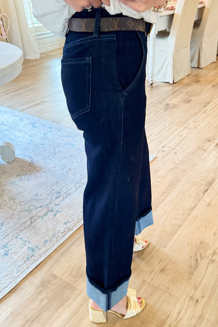 Dark Denim Wide Leg Cuffed Jeans