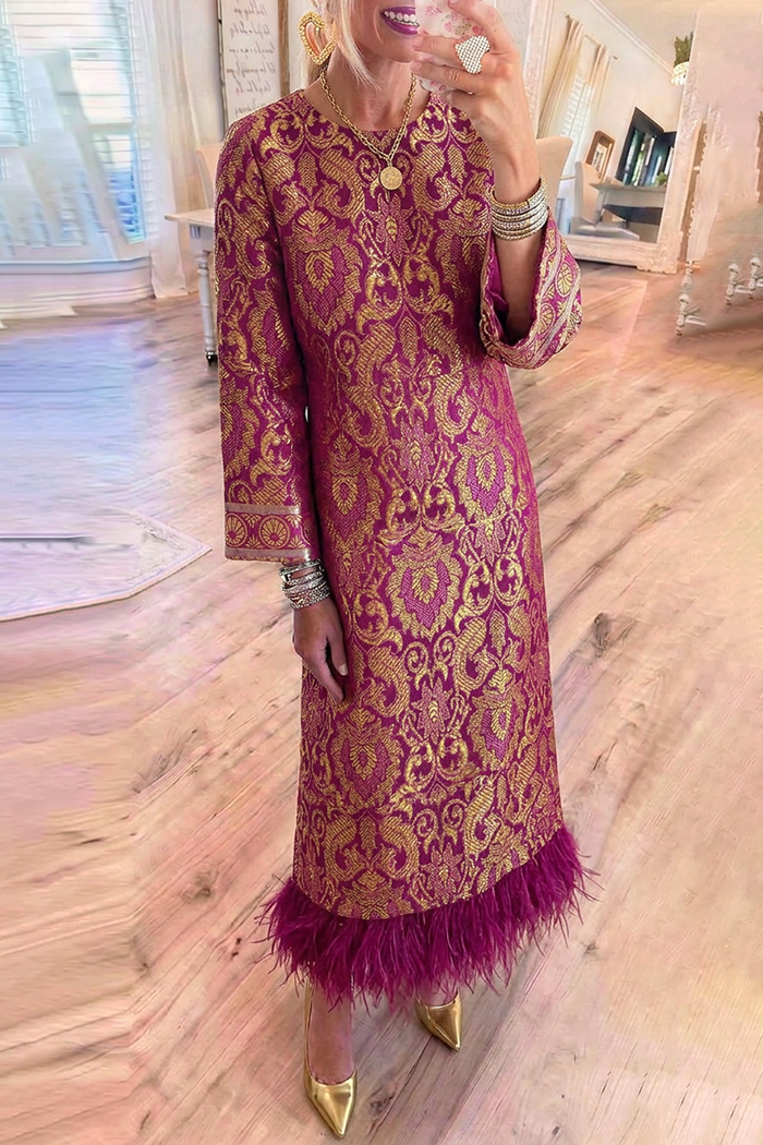 Magenta Baroque Jacquard Round Neck Feather Hem Pockets Maxi Dress