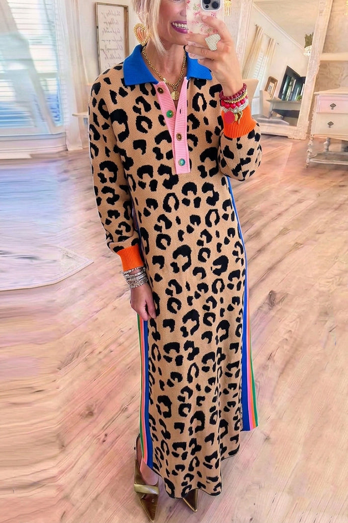 Leopard Knit Striped Trim Pocket Maxi Dress