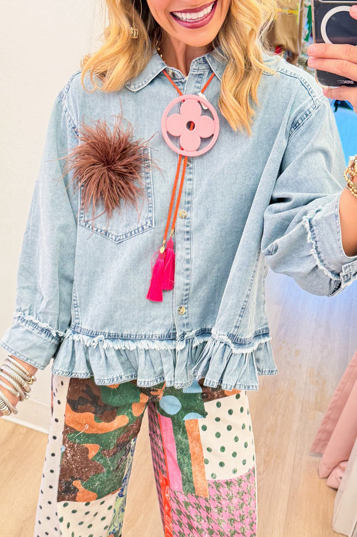 Light Wash Denim Ruffle Hem Top