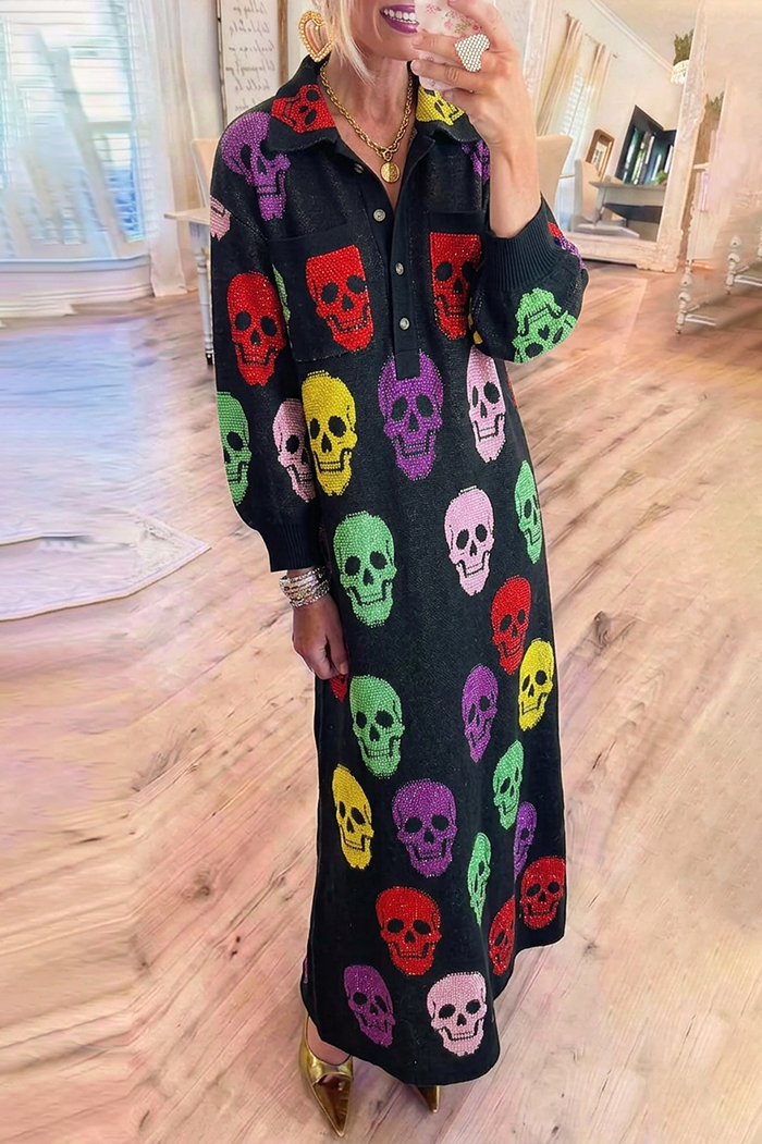 Collared Knit Colorful Skull Rhinestone Maxi Dress
