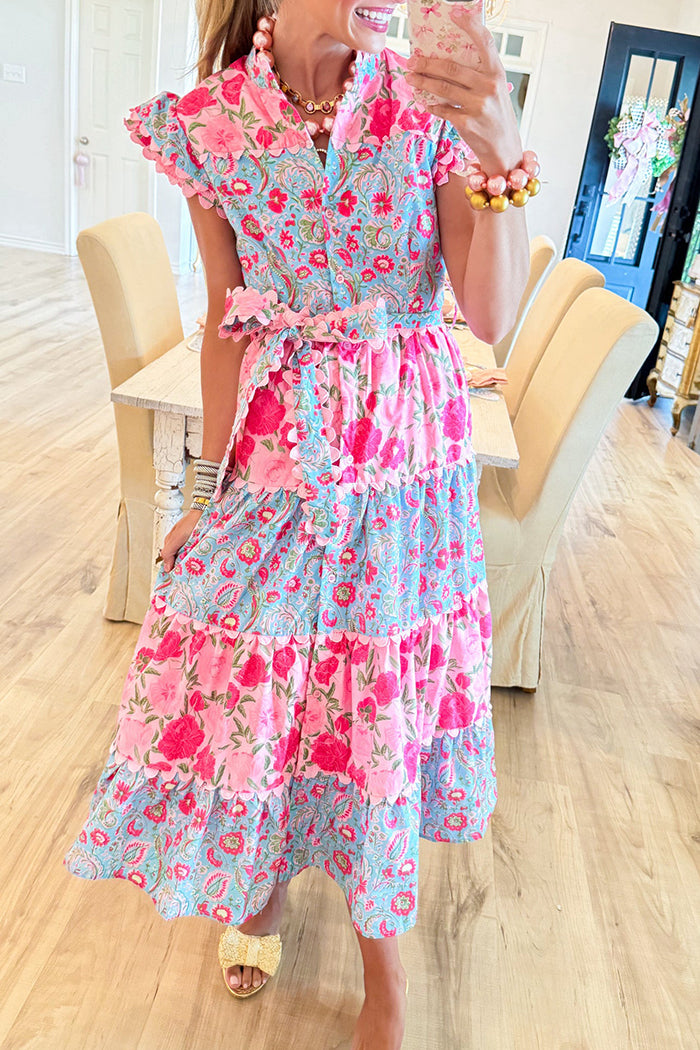 Pink Floral Flutter Sleeve Scallop Trim Tiered Dress