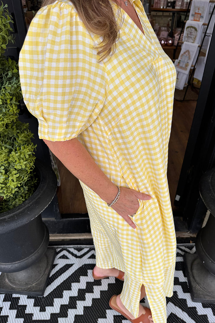 Gingham Collared  Puff Sleeve Side Slit Dress
