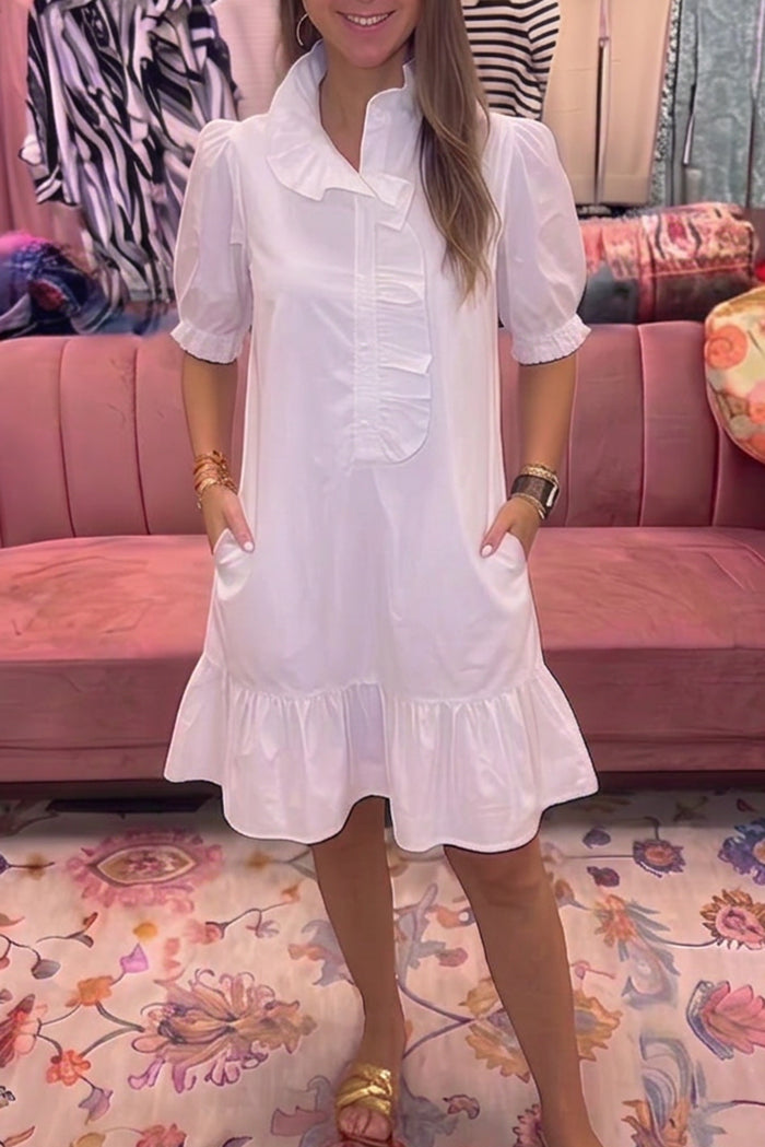 White Ruffle Collar Puff Sleeve Dress