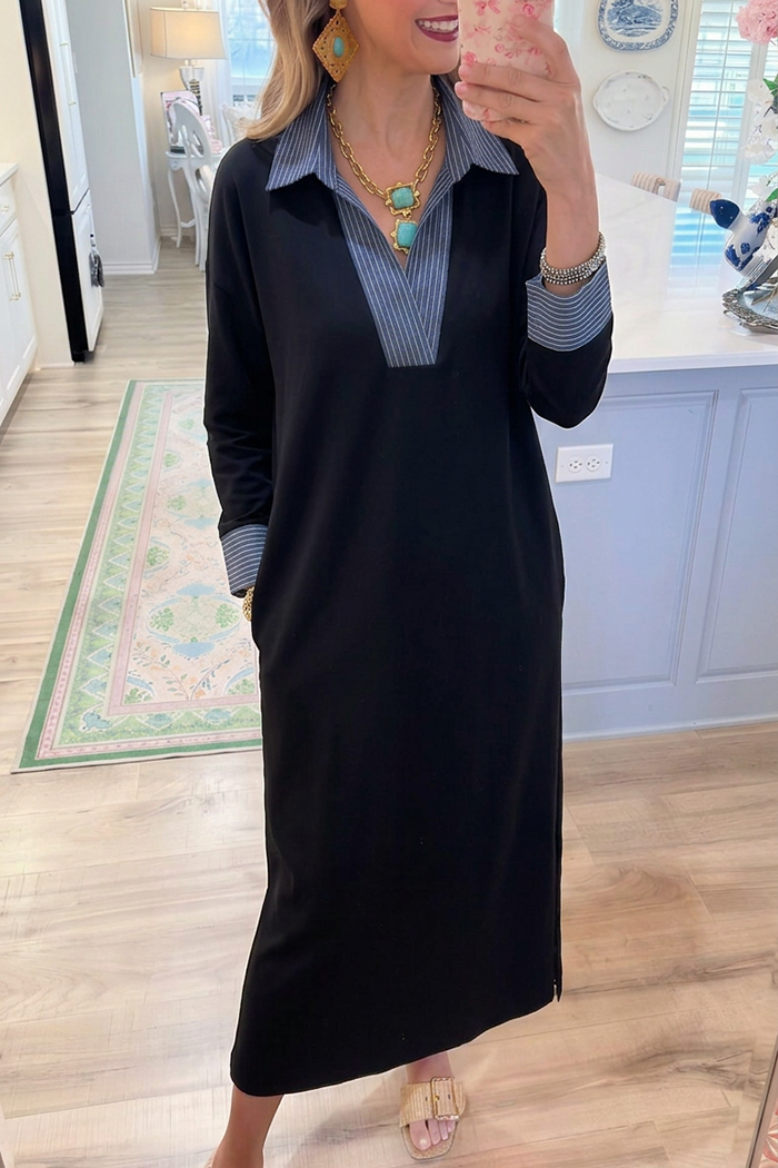 Collared Striped Contrast Long Sleeve Pocket Dress