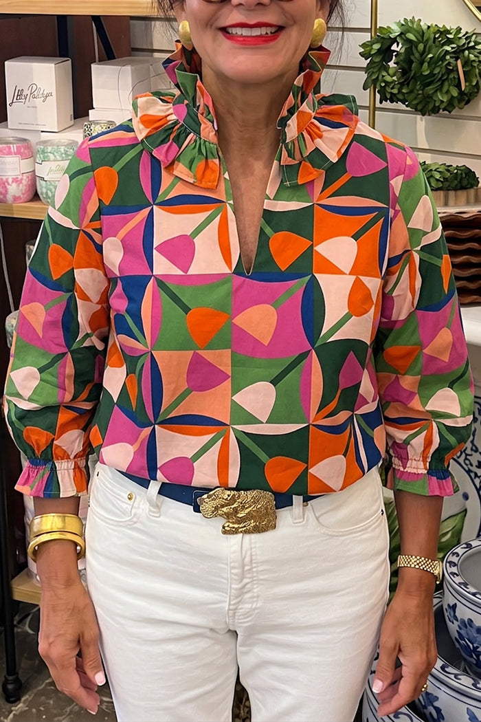 Geometric Tulip Print Ruffle Collar Top
