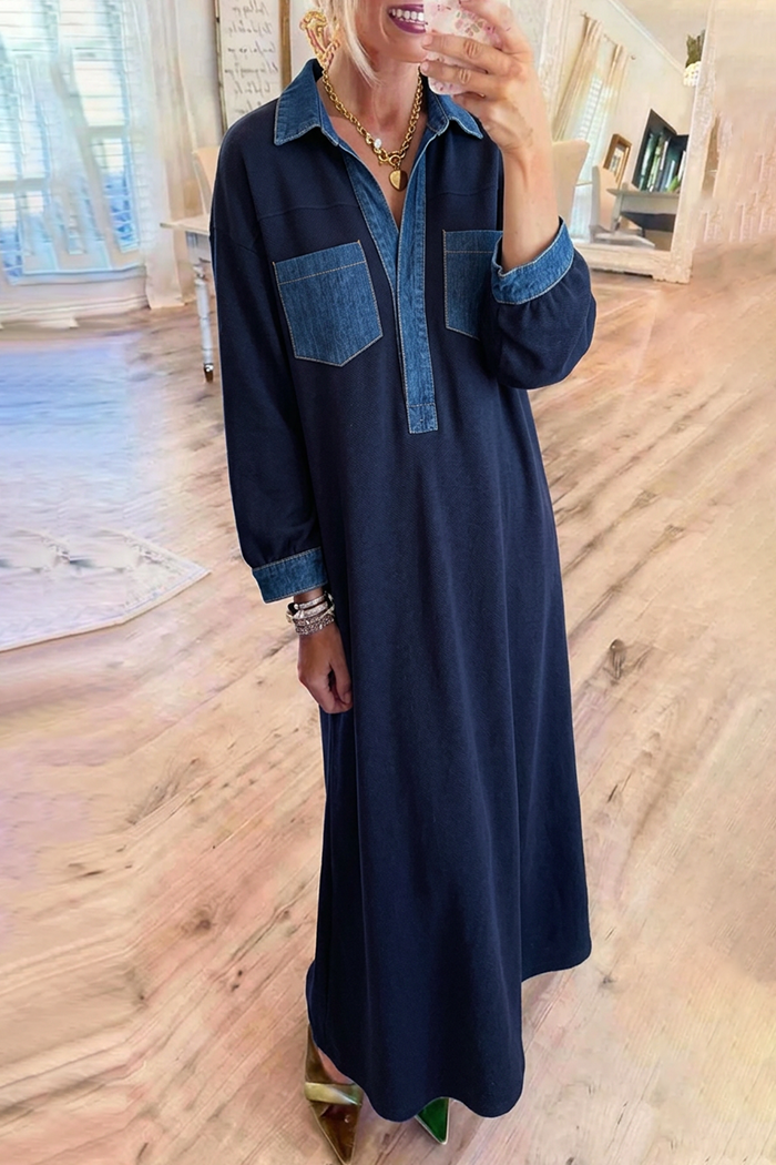 Contrast Collar Denim Pockets Maxi Dress