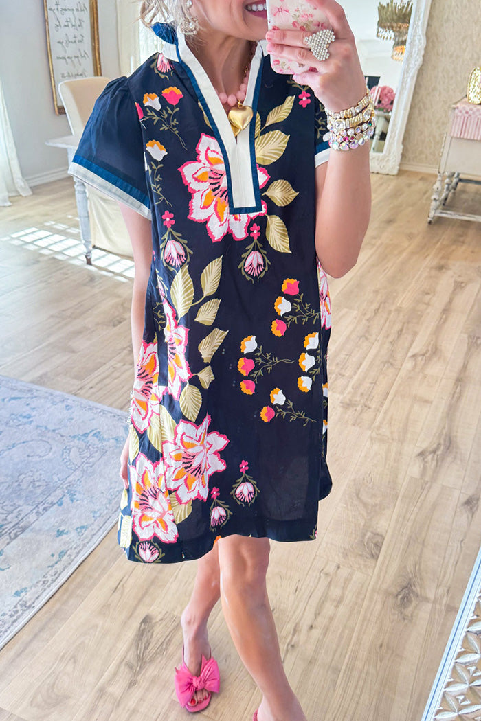 Black Mix Floral Print Pocket Dress