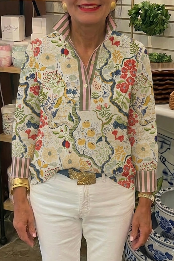 Collared Popover Vine Floral Printed Top
