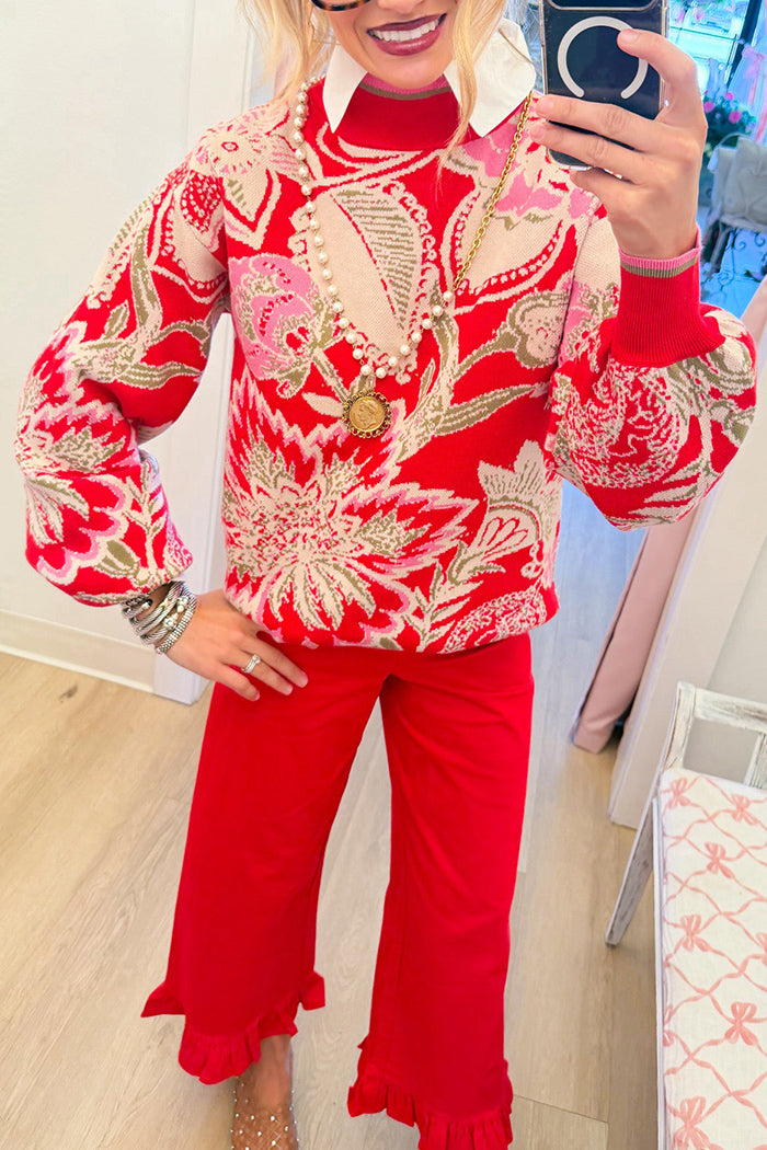 Red Floral Jacquard Mock Neck Sweater