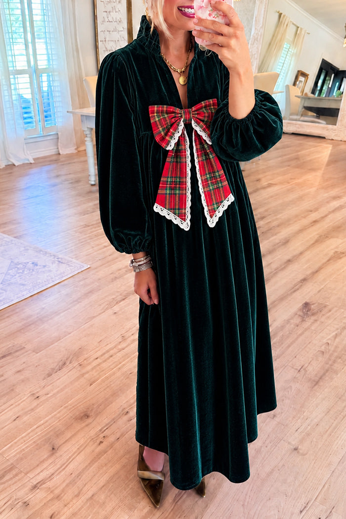 Dark Green Velvet Plaid Bow Maxi Dress