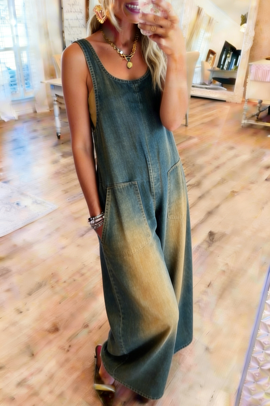 Sleeveless Pocketed Ombre Denim Jumpsuit